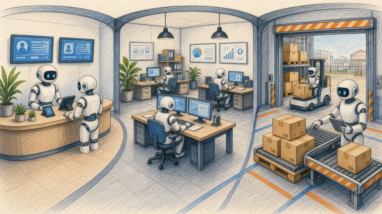 Ilustración conceptual de agentes de inteligencia artificial en una operación empresarial
